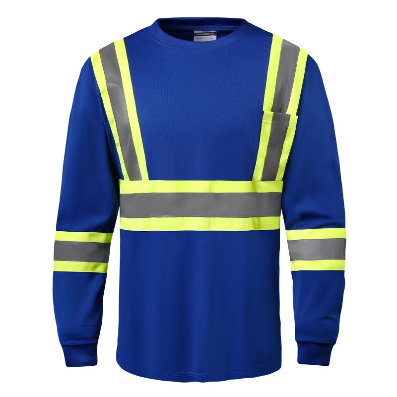 DPSAFETY Hi Vis Safety Long Sleeve Shirts,High Visibility Class 3 T Shirts with Reflective Strips and Pocket, Quick Dry Mesh Construction Work Shirt for Men/Women (Blue,Small) - Image 1